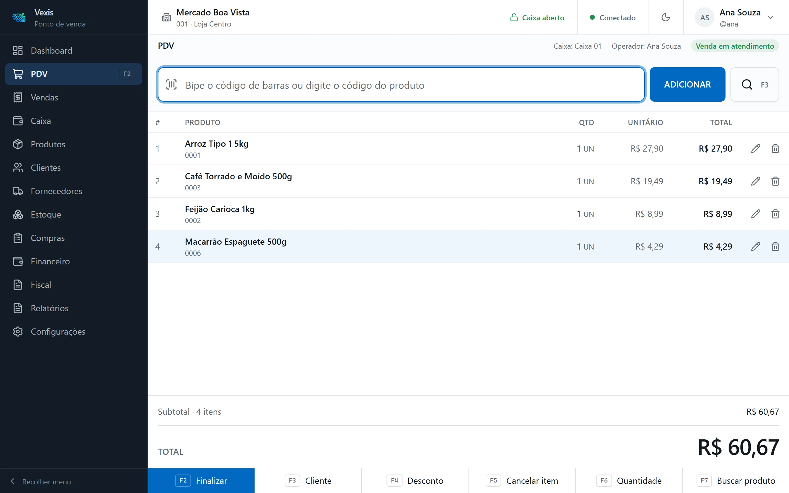 Tela do Vexis: O caixa